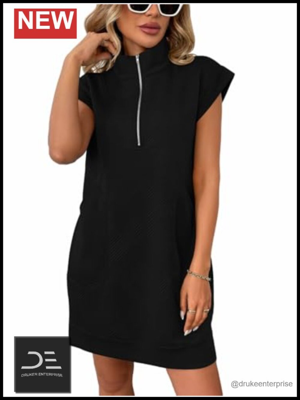 Womens Jacquard Textured Half Zip Cap Sleeve Mini Dress Pockets